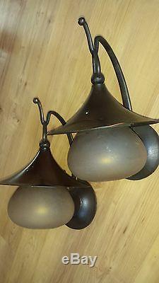 2 vintage Arts & Crafts MISSION lamps antique lanterns & original amber shades