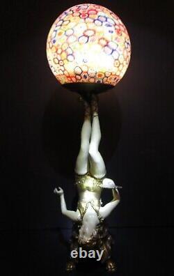 25 Art Deco Lady Burlesque Figural Lamp With Vtg. Italian Millefiori Glass Shade