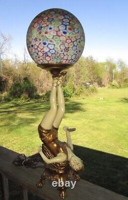 25 Art Deco Lady Burlesque Figural Lamp With Vtg. Italian Millefiori Glass Shade