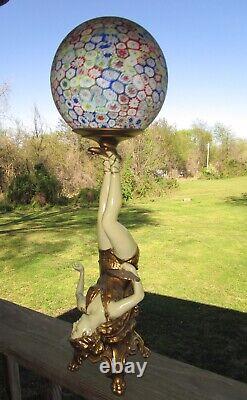 25 Art Deco Lady Burlesque Figural Lamp With Vtg. Italian Millefiori Glass Shade