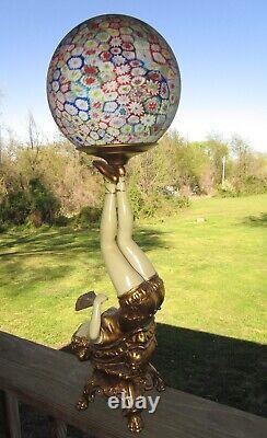 25 Art Deco Lady Burlesque Figural Lamp With Vtg. Italian Millefiori Glass Shade