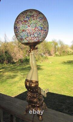 25 Art Deco Lady Burlesque Figural Lamp With Vtg. Italian Millefiori Glass Shade