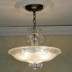 284 Vintage Antique 40's Ceiling Lamp Fixture Glass Shade Chandelier 3 Lights