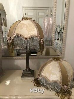 2Vintage Victorian Downton AbbeyTraditional100%Gold Silk Ivory Beaded Lampshade