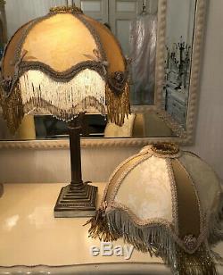 2Vintage Victorian Downton AbbeyTraditional100%Gold Silk Ivory Beaded Lampshade
