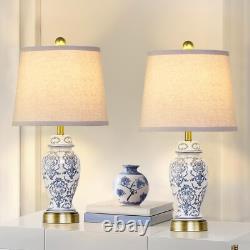2pc Set 22 Blue White Porcelain Jar Lamp Brass Base Vintage Decor
