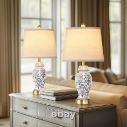 2pc Set 22 Blue White Porcelain Jar Lamp Brass Base Vintage Decor