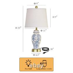 2pc Set 22 Blue White Porcelain Jar Lamp Brass Base Vintage Decor