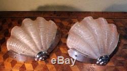 2x Vintage Deco White Glass Clam Shell 1930s Chrome Odeon Wall Light Lamp Shade
