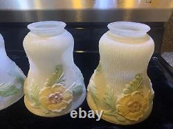 3 Stunning 5 1/4 Vintage Yellow & Red Flowers All Around The Glass Lamp Shades