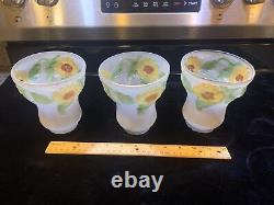 3 Stunning 5 1/4 Vintage Yellow & Red Flowers All Around The Glass Lamp Shades