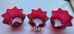 3 Victorian Cranberry Hobnail Art Glass Kerosene Oil Gas Lamp Shades 5 Fitters