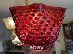 3 Victorian Cranberry Hobnail Art Glass Kerosene Oil Gas Lamp Shades 5 Fitters