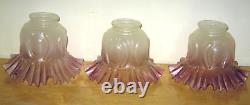 3 Vintage Antique Ruffled Cranberry Frosted Glass Light Lamp Shade