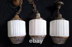 3 Vintage Art Deco Milk Clear Holophane Glass Skyscraper Pendant Light Fixtures