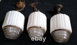 3 Vintage Art Deco Milk Clear Holophane Glass Skyscraper Pendant Light Fixtures