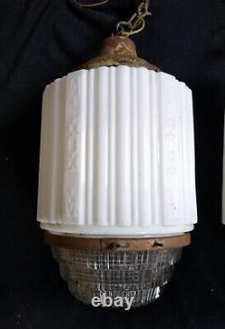 3 Vintage Art Deco Milk Clear Holophane Glass Skyscraper Pendant Light Fixtures