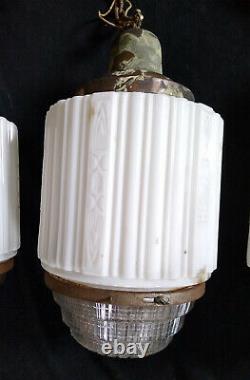 3 Vintage Art Deco Milk Clear Holophane Glass Skyscraper Pendant Light Fixtures