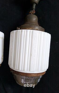 3 Vintage Art Deco Milk Clear Holophane Glass Skyscraper Pendant Light Fixtures