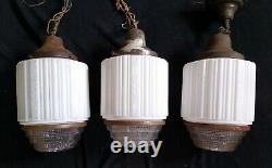 3 Vintage Art Deco Milk Clear Holophane Glass Skyscraper Pendant Light Fixtures