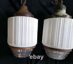 3 Vintage Art Deco Milk Clear Holophane Glass Skyscraper Pendant Light Fixtures