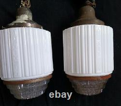 3 Vintage Art Deco Milk Clear Holophane Glass Skyscraper Pendant Light Fixtures