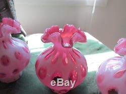 3 Vintage Fenton Cranberry Opalescent Coin Dot Glass Ruffled Lamp Shade