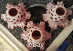 3 Vintage Fenton Glass Cranberry Coin Dot Opalescent Ruffled Lamp Light Shades