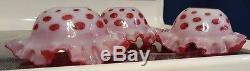 3 Vintage Fenton Glass Cranberry Coin Dot Opalescent Ruffled Lamp Light Shades