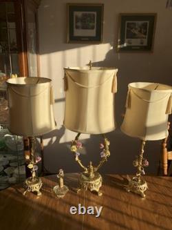 3 Vintage French-style Boudoir Lamps with Original Shades 23.5 in & 21.5 in