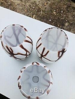 3 Vintage Mid Century Modern Glass White Brown Branches Tension Pole Lamp Shades
