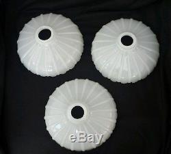 3 Vintage art deco white ribbed opaque glass pendant light lamp shade