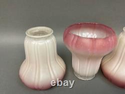 4 Antique Frosted Ribbed Lamp Shades 2-2 1/4 fitter with Cranberry Highlights
