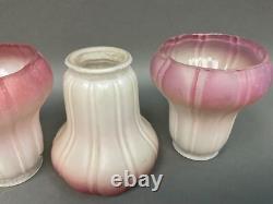 4 Antique Frosted Ribbed Lamp Shades 2-2 1/4 fitter with Cranberry Highlights