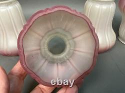4 Antique Frosted Ribbed Lamp Shades 2-2 1/4 fitter with Cranberry Highlights