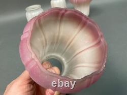 4 Antique Frosted Ribbed Lamp Shades 2-2 1/4 fitter with Cranberry Highlights