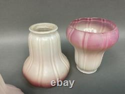 4 Antique Frosted Ribbed Lamp Shades 2-2 1/4 fitter with Cranberry Highlights