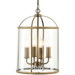 4 Light Hanging Ceiling Pendant Brass & Glass Lantern Shade Lamp Bulb Holder