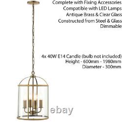 4 Light Hanging Ceiling Pendant Brass & Glass Lantern Shade Lamp Bulb Holder