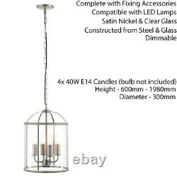 4 Light Hanging Ceiling Pendant Nickel & Glass Lantern Shade Lamp Bulb Holder