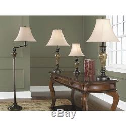 4-Piece Aged Bronze Lamp Set with Fabric Shades Table Desk Floor Accent Vintage