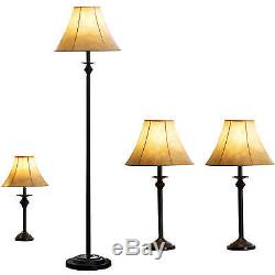 4 Piece Lamp Set Light Floor Table Accent Lamps Vintage Shade Bronze Finish NEW