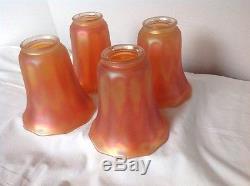 4 Signed Vintage Nuart Satin Marigold Carnival Glass Lamp Shades