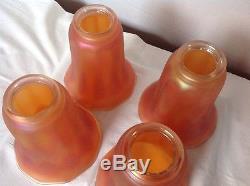 4 Signed Vintage Nuart Satin Marigold Carnival Glass Lamp Shades