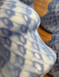 4- Vintage Blue Art Glass Light Shades Frosted Ribbon Design