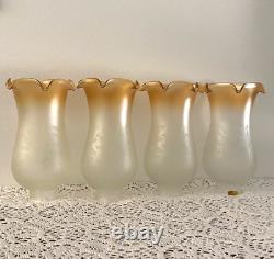 4 Vintage French Vianne Etched Amber to Clear Glass Shades 1 3/4 Fitter