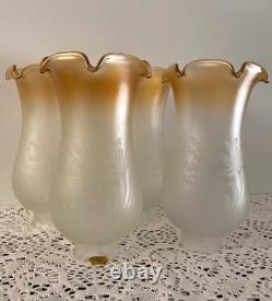 4 Vintage French Vianne Etched Amber to Clear Glass Shades 1 3/4 Fitter