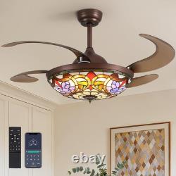 48 Inch Tiffany Style Ceiling Fans with Lights, Retractable Vintage Chandelier C