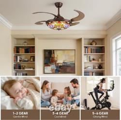 48 Inch Tiffany Style Ceiling Fans with Lights, Retractable Vintage Chandelier C