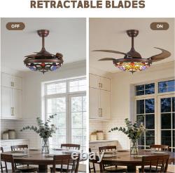 48 Inch Tiffany Style Ceiling Fans with Lights, Retractable Vintage Chandelier C